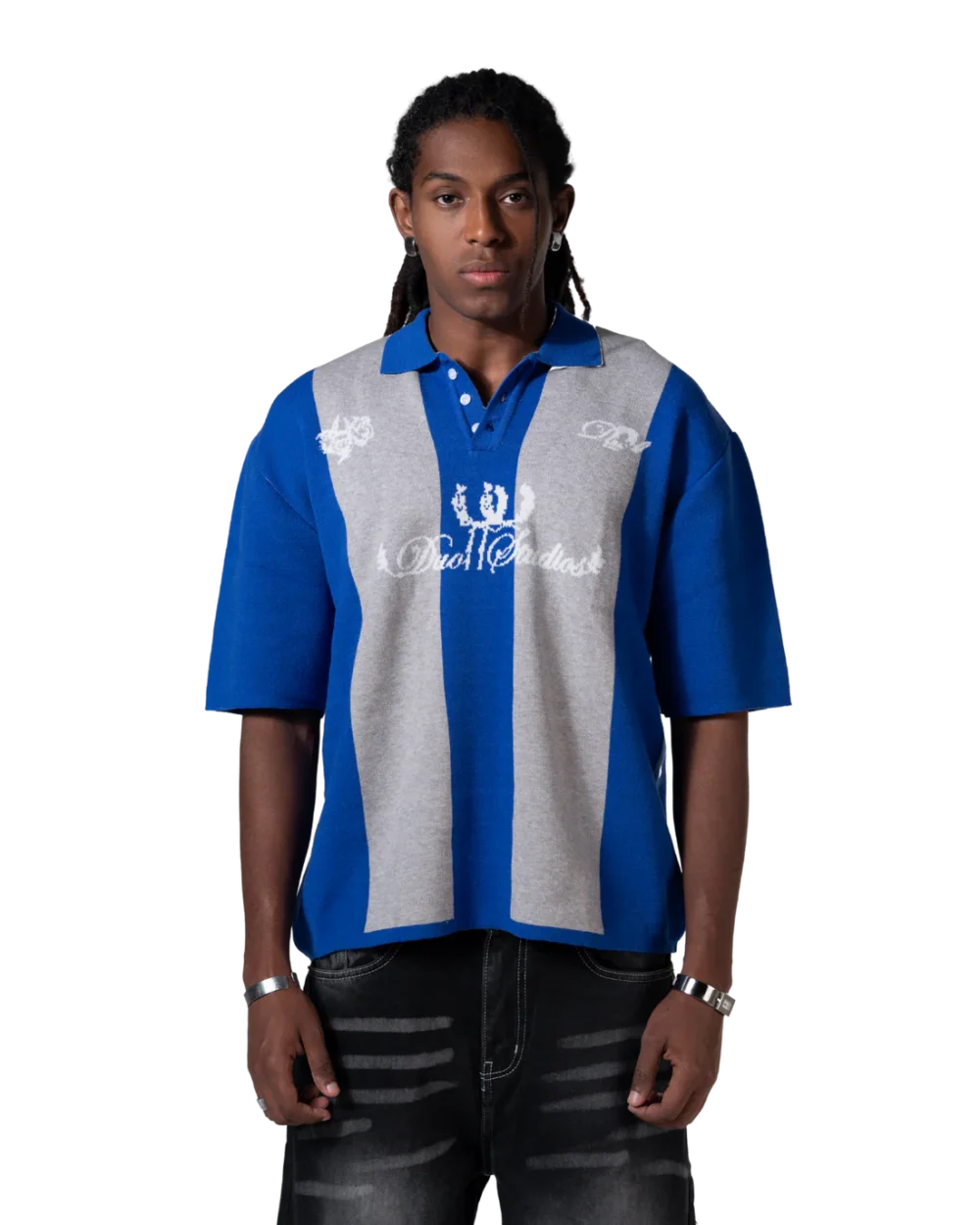 knitted striped polo blue striped