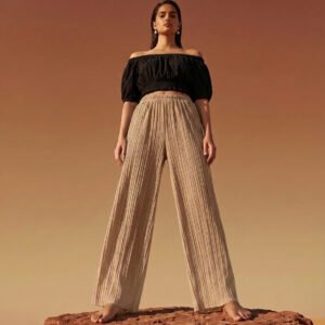 Crochet Knit Pants โ Relaxed Textured Statement Trousers-Beige