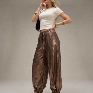 Metallic Shiny Pants โ High Waist Statement Fashion Trousers-Gold
