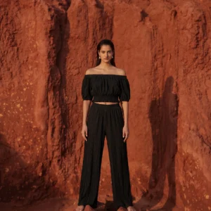 Crochet Knit Pants โ Relaxed Textured Statement Trousers-Black