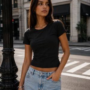 Cotton Half Sleeve Double Layer Top-Black