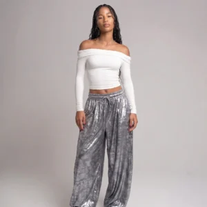 Metallic Shiny Pants โ High Waist Statement Fashion Trousers-Silver