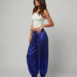 Metallic Shiny Pants โ High Waist Statement Fashion Trousers-Blue