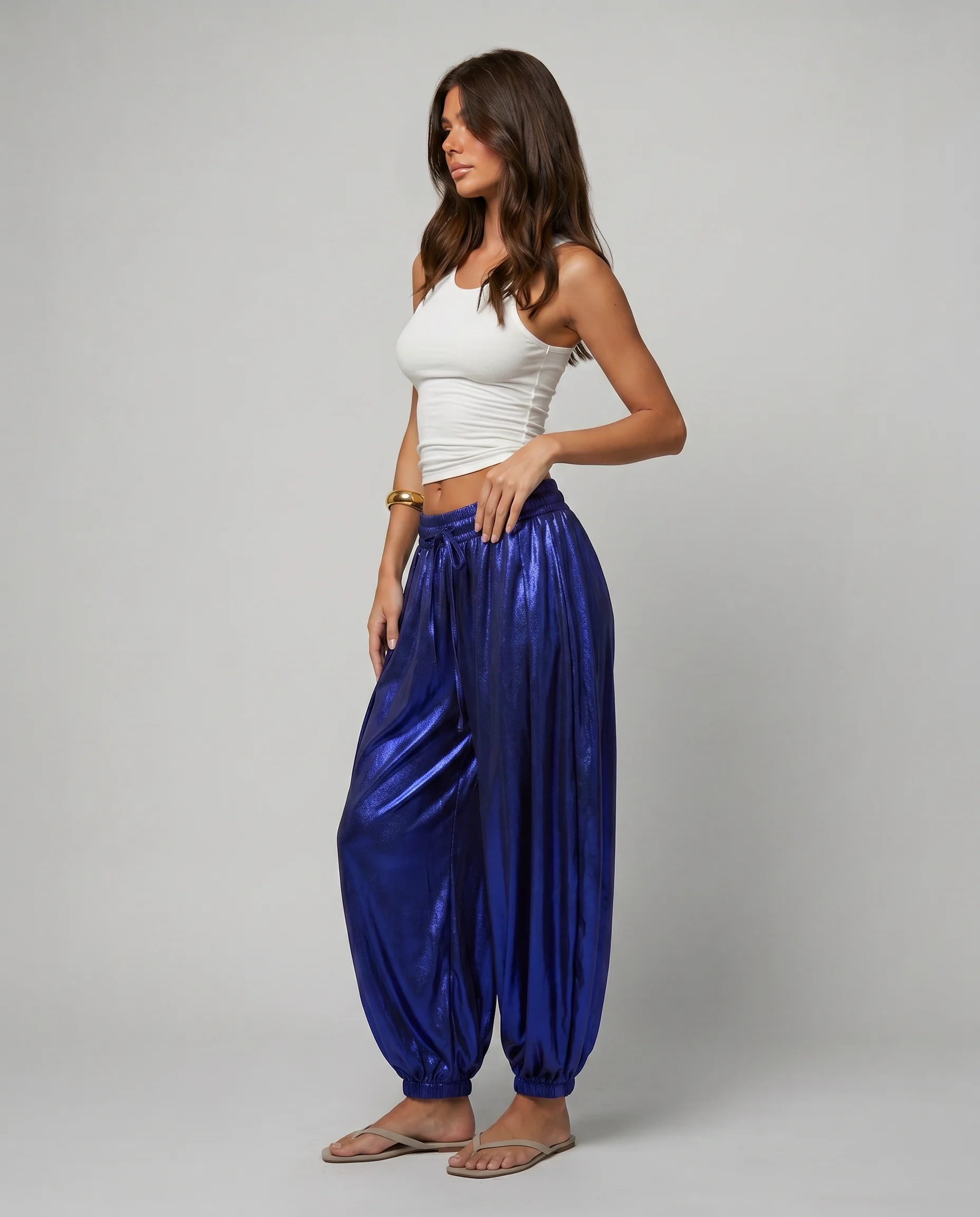 Metallic Shiny Pants – High Waist Statement Fashion Trousers-Blue