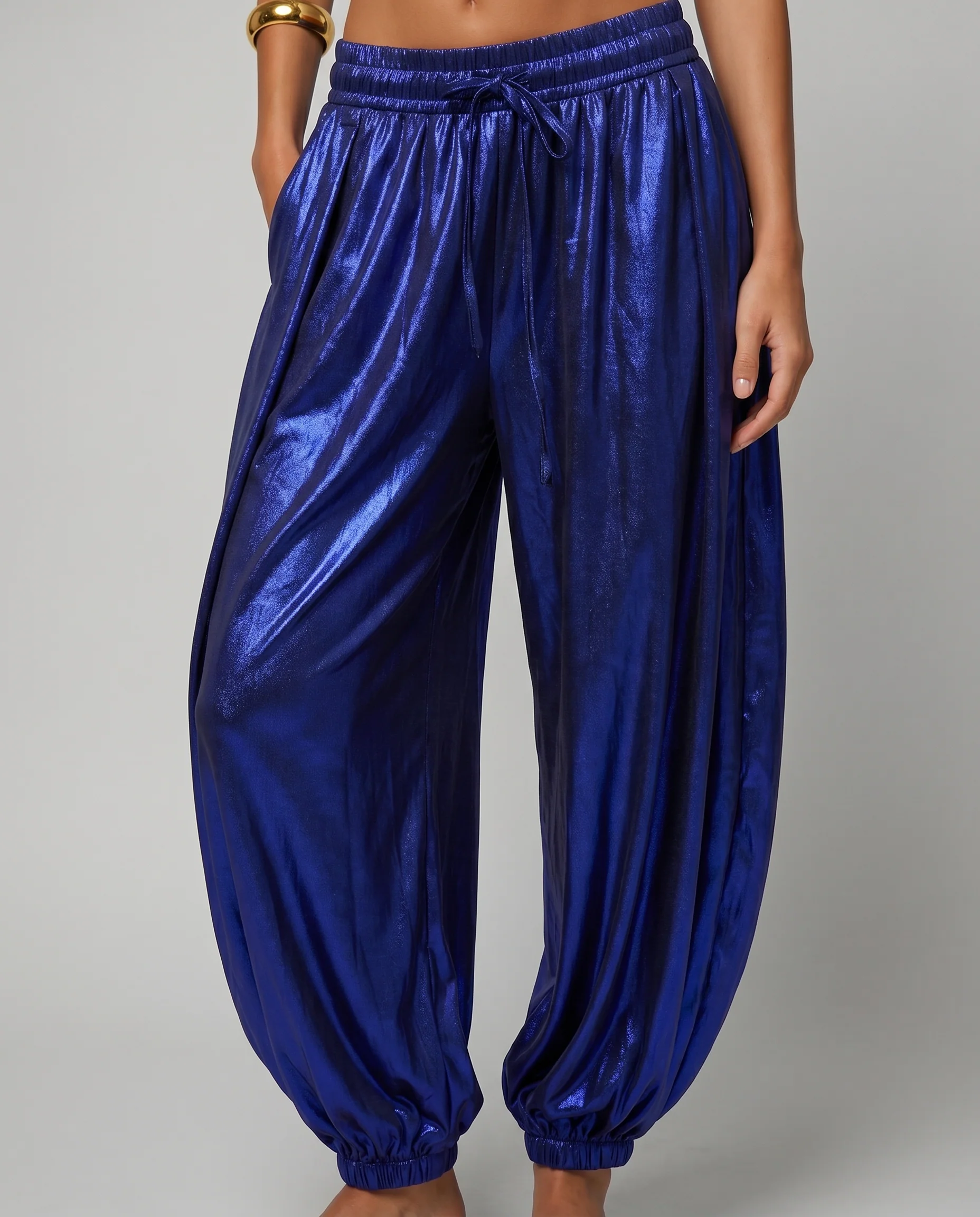 Metallic Shiny Pants – High Waist Statement Fashion Trousers-Blue - Image 3