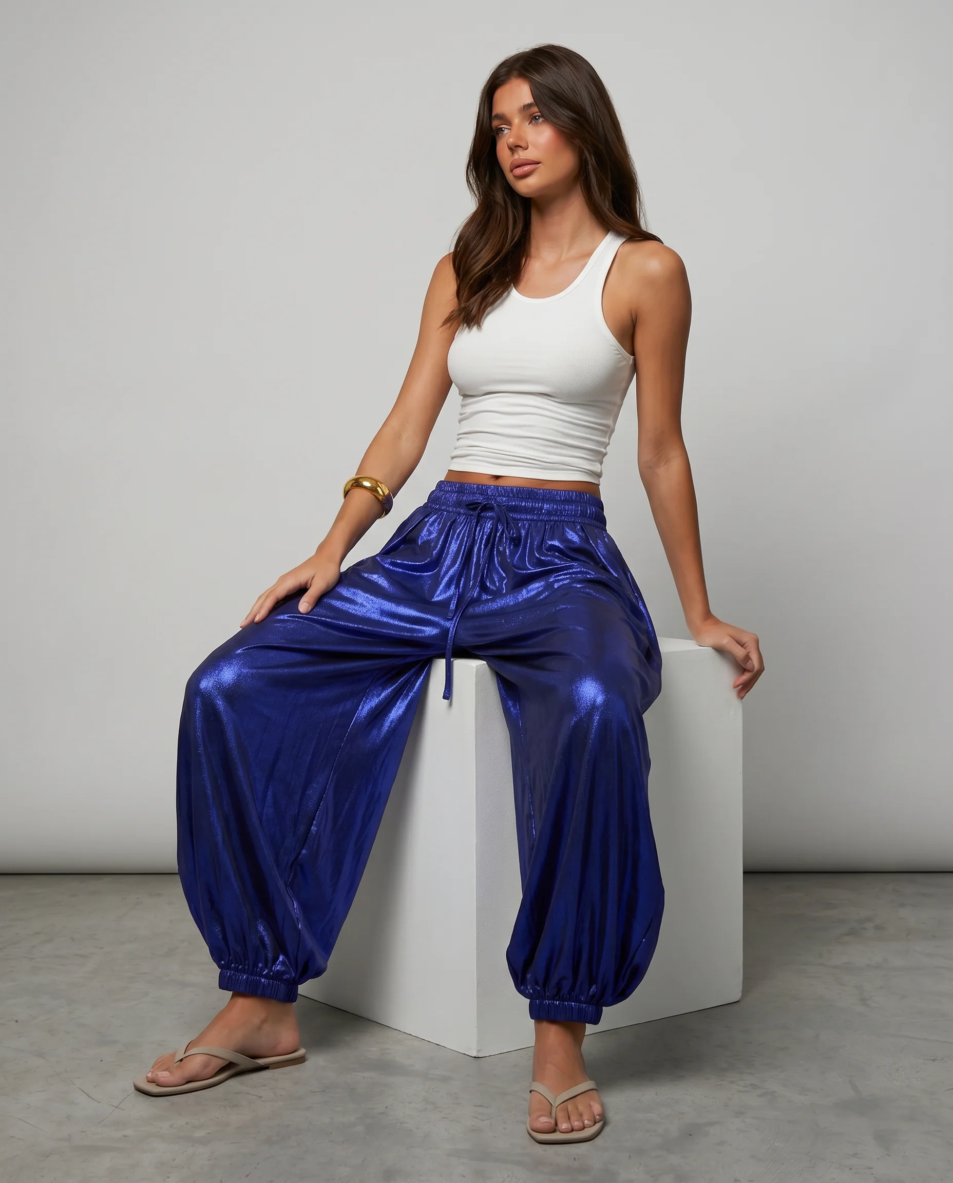 Metallic Shiny Pants – High Waist Statement Fashion Trousers-Blue - Image 2