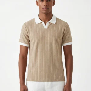 Striped Polo – Beige/White
