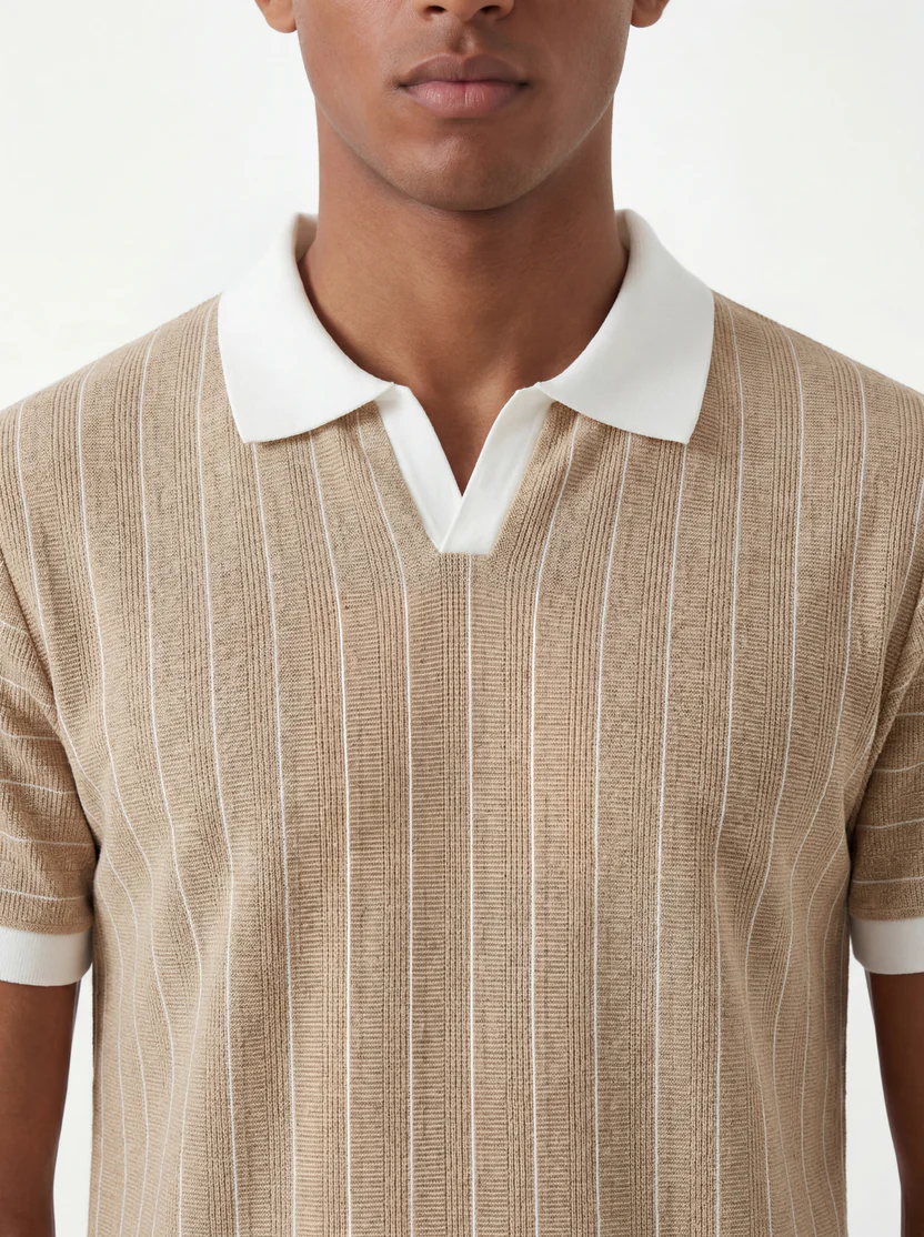 Striped Polo – Beige/White - Image 2