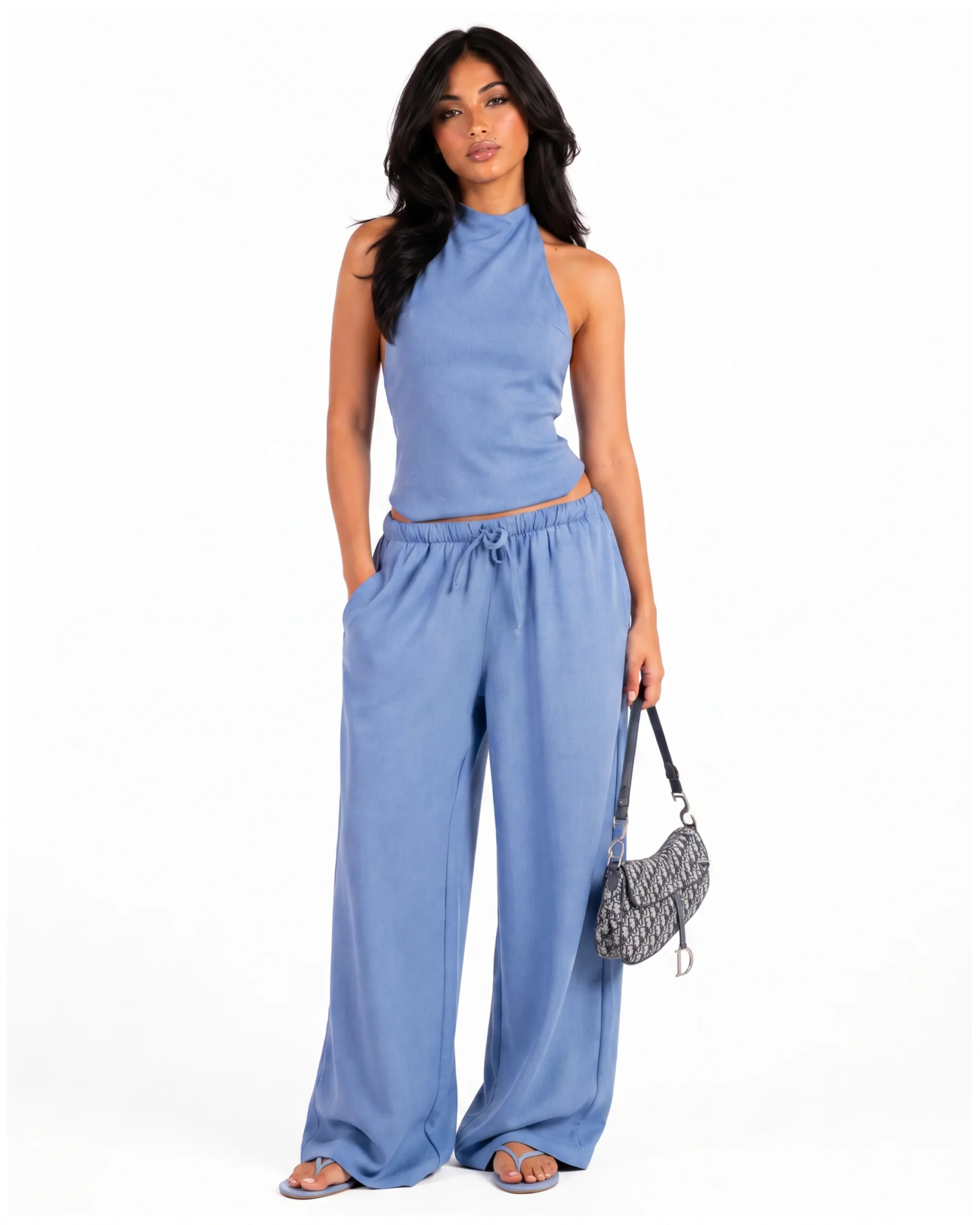 ice blue backless linen set